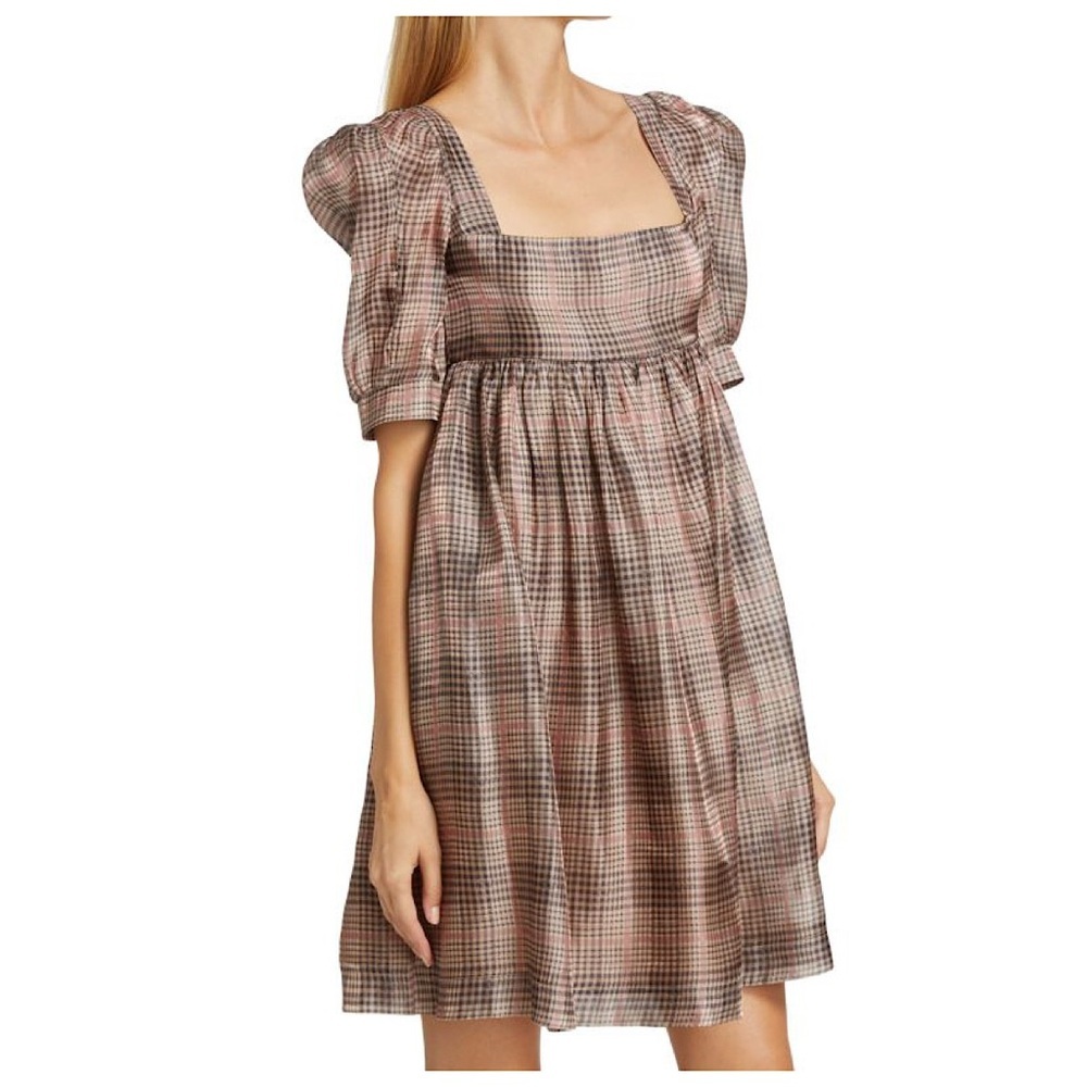 EN SAISON Plaid Organza Babydoll Mini Dress Sz L Puffy Short Sleeve - Picture 2 of 16